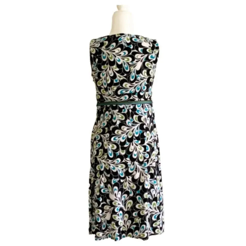 LOFT Dress Brown Blue Green Floral Sleeveless Ribbon Belted Dress Size 6